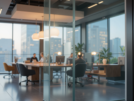 现代办公环境内部，明亮宽敞的会议室，玻璃隔断，白色墙壁，简洁现代家具，自然光线充足，商务人士在会议桌旁讨论，专业工作氛围